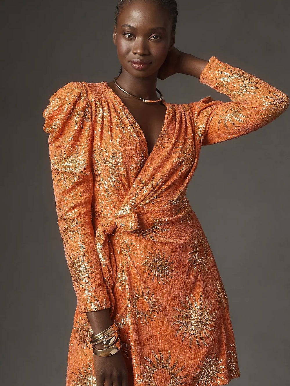 FARM Rio XL Sunny Orange Sequin Wrap Mini Dress - Picture 4 of 16